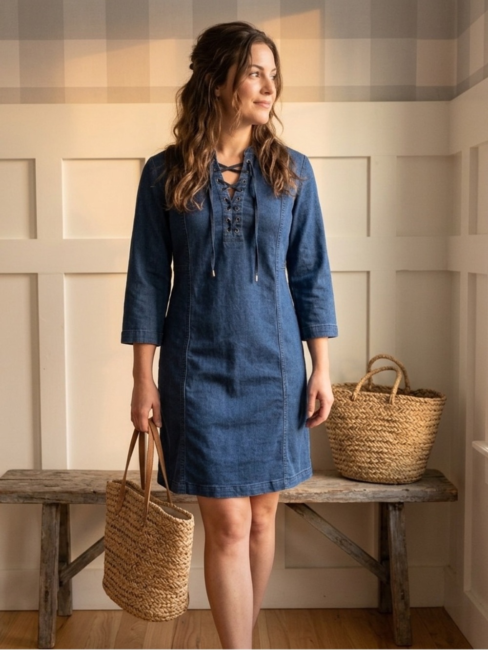 J. Jill Lace-Up Denim Shift Dress - Indigo Blue Small